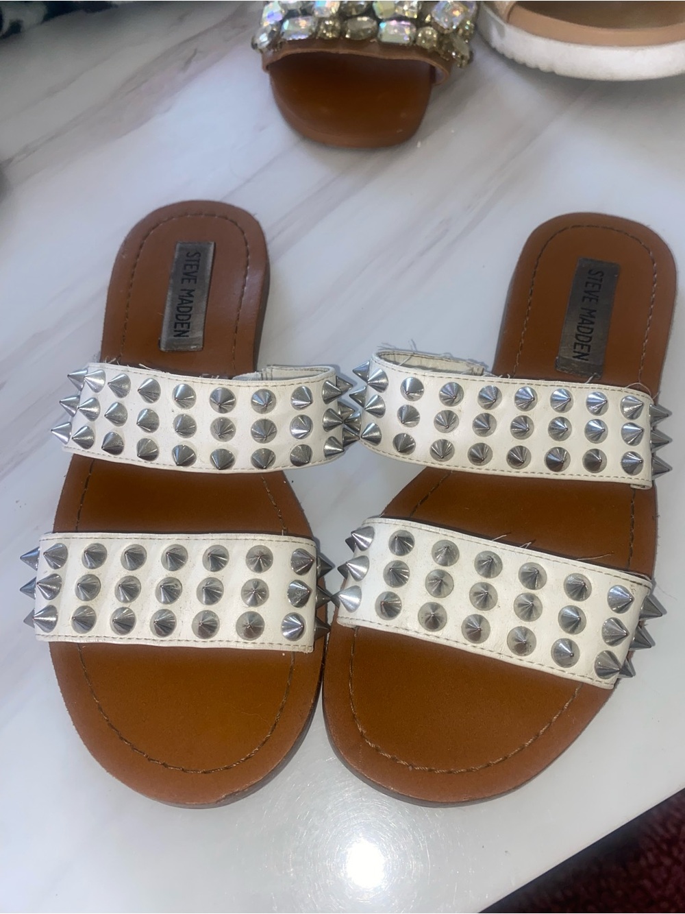 Steve Madden White Studded Double-Strap Slide Sandals with Silver Spikes